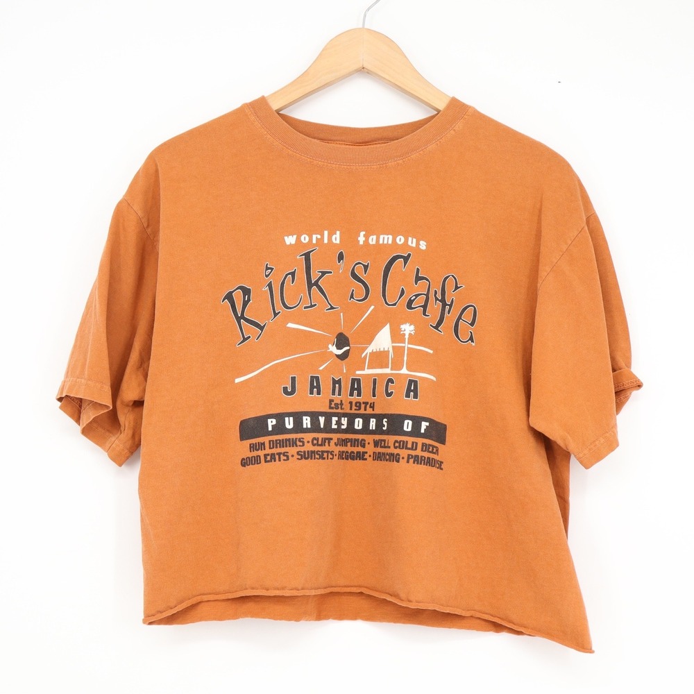 Authentic Pigment Rick's Cafe Jamaica Graphic T-Shirt Orange Cropped Boxy Medium